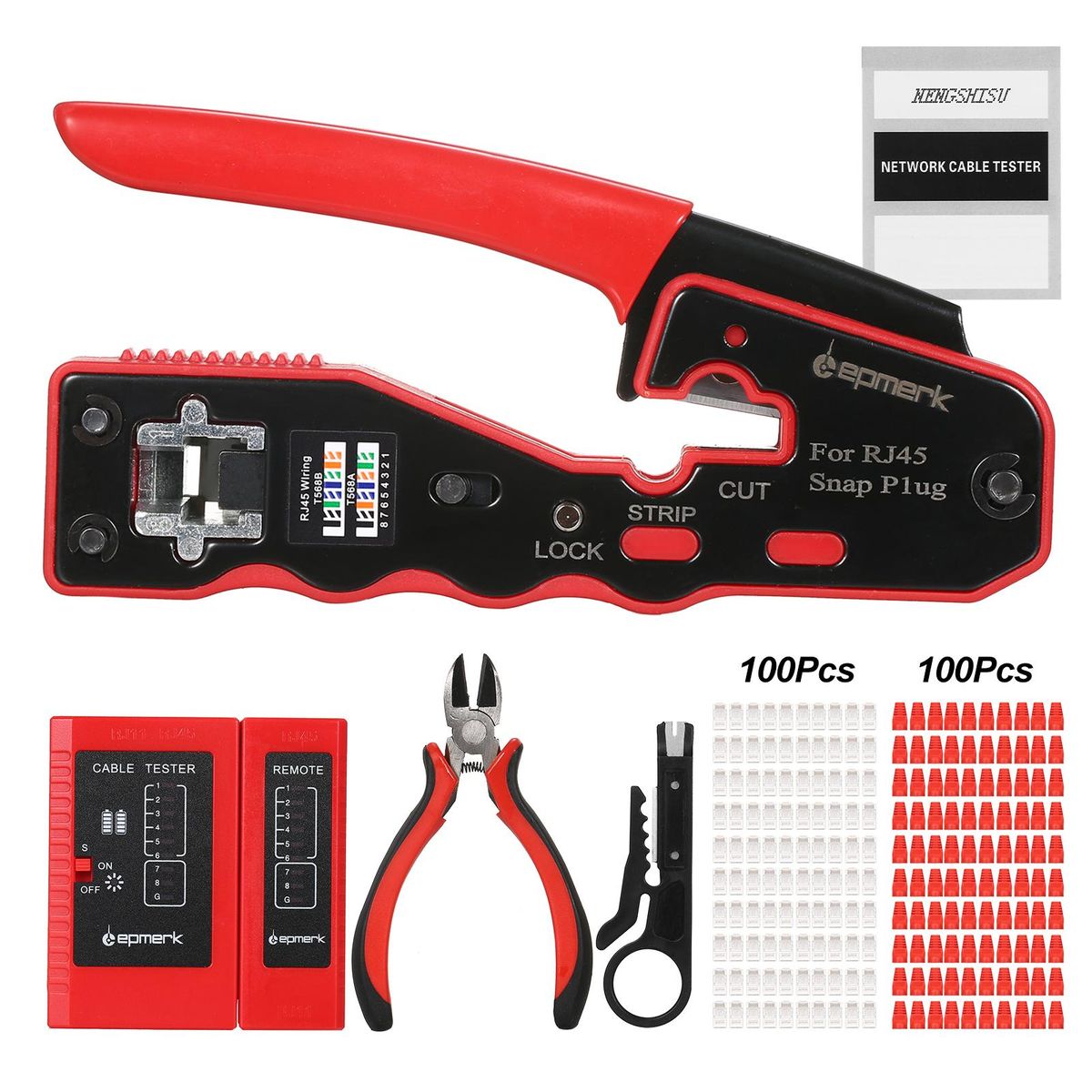 RJ45 Crimp Tool Kit All in One Pass Through Crimping Tool for Cat5e Cat6 Cat6a Pass Through Connector with 100Pcs Connectors 100Pcs Covers Network Cable Pliers Tester Blades