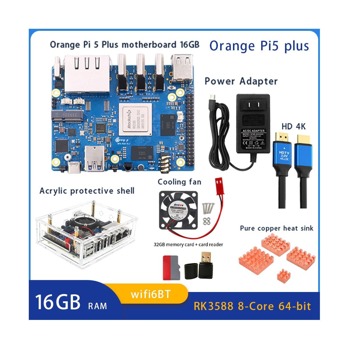 For Orange Pi 5 Plus 16G RK3588 2.5G Supports 8K Video 2.5G Supports WiFi6 BT Module Set US Plug