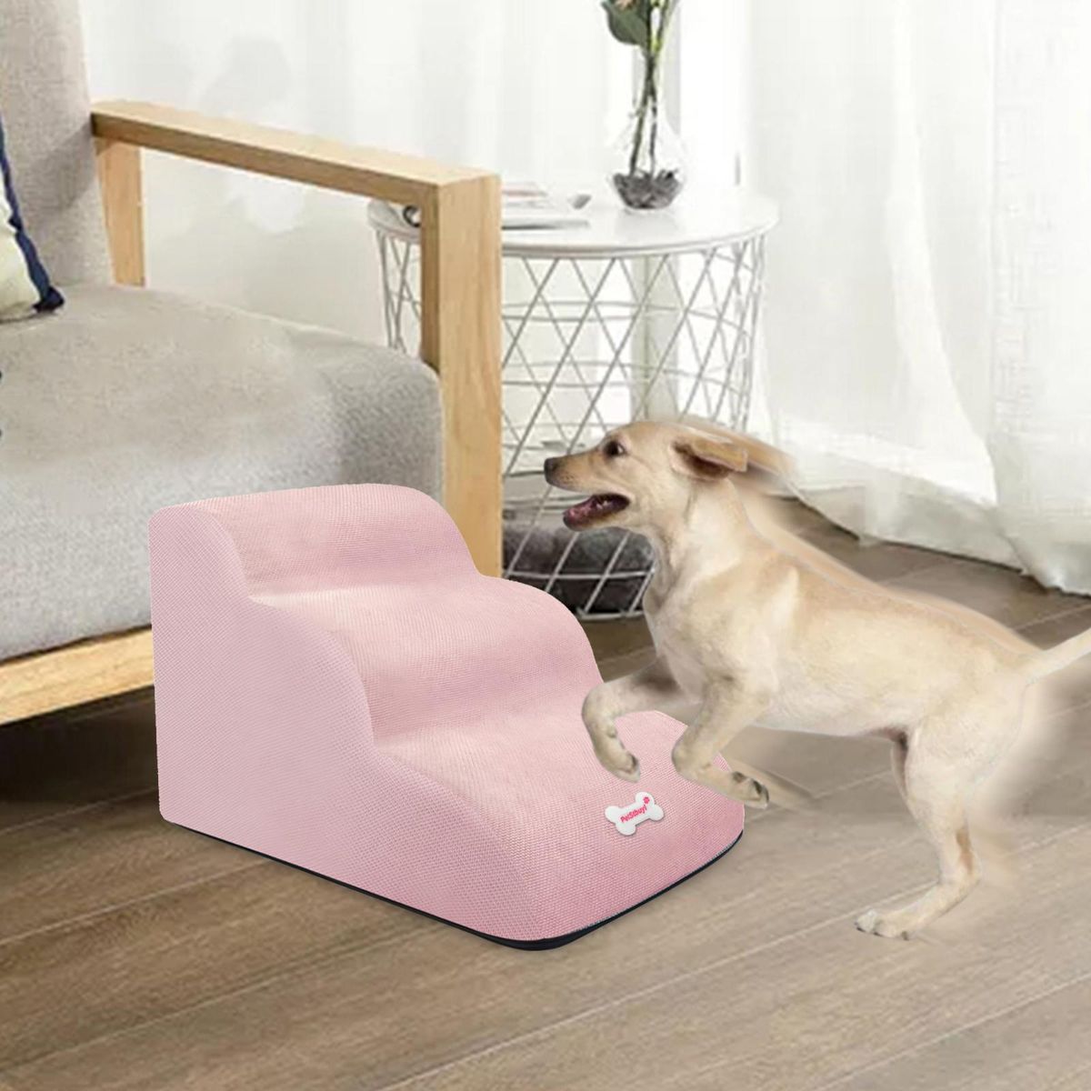Dog Stairs 3 Steps Dog Ramp Washable Removable Dog Pink