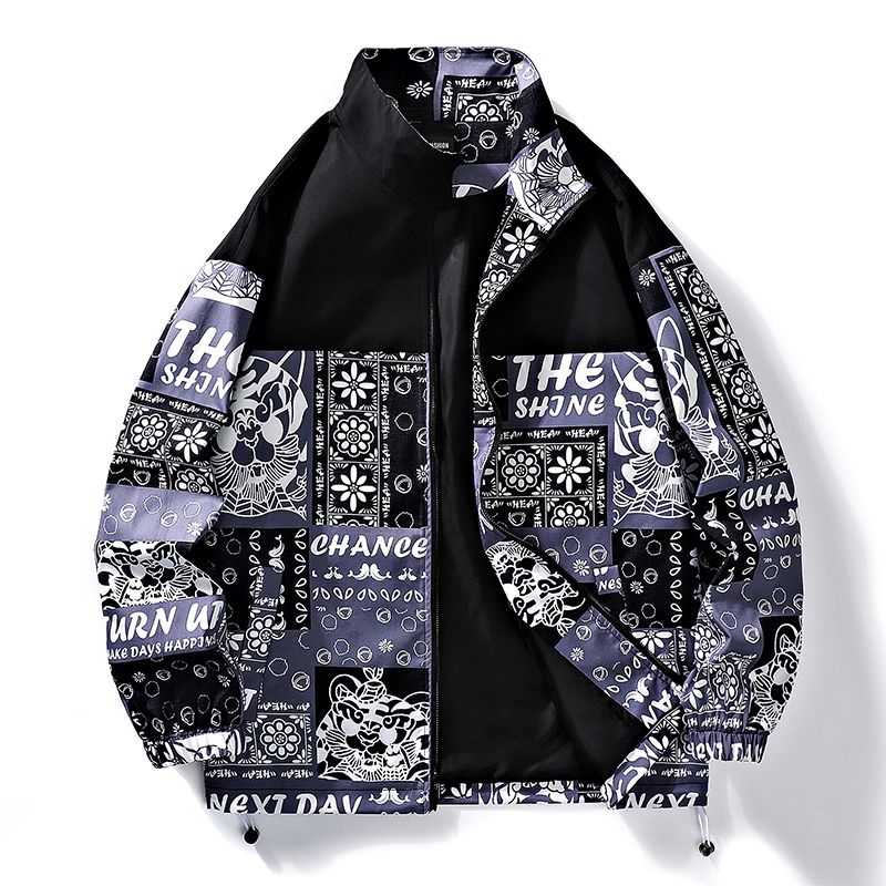 2023 New Autumn And Winter American Fashion Brand Stand Collar Jacket Men's Loose Waist Flower Pattern Personalized