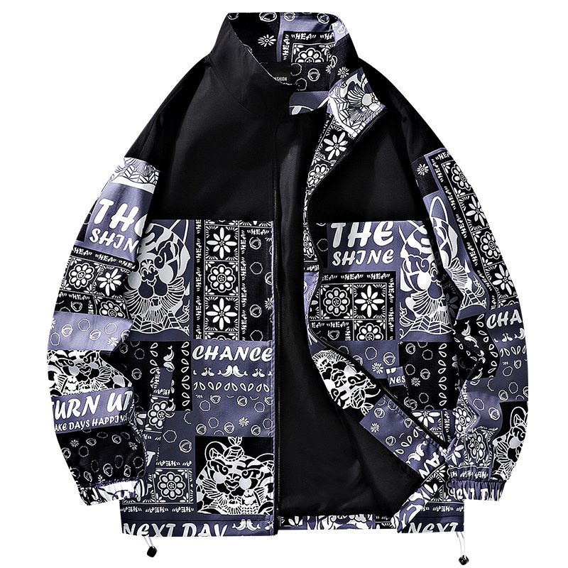 2023 New Autumn And Winter American Fashion Brand Stand Collar Jacket Men's Loose Waist Flower Pattern Personalized