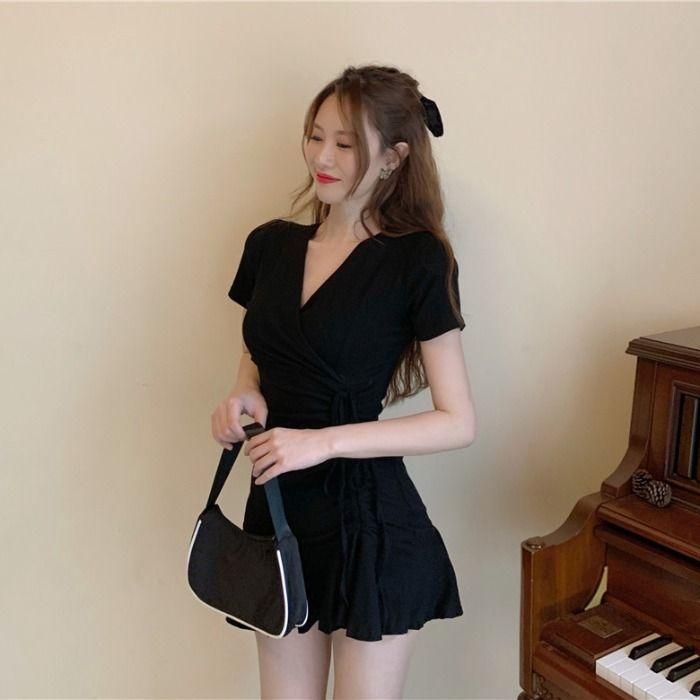 Elegant Adult Lady like Woman Drawstring Dress Tight Sexy Ruffles Fishtail Dress Ladies Sweet and Spicy Pure French Style Short Skirt