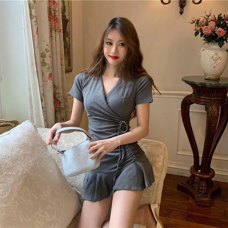 Elegant Adult Lady like Woman Drawstring Dress Tight Sexy Ruffles Fishtail Dress Ladies Sweet and Spicy Pure French Style Short Skirt
