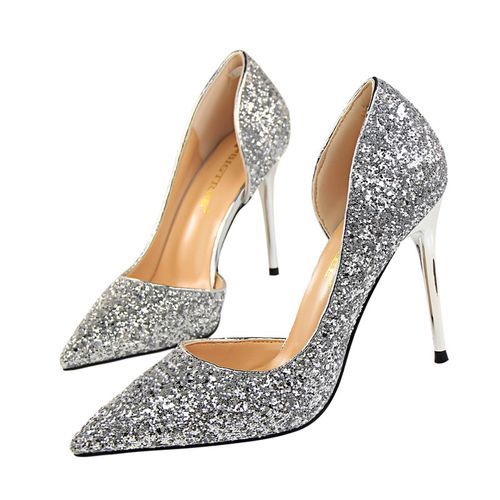 Ladies Sequins Heels Wedding Pumpsl Dress Party Shoes Silver