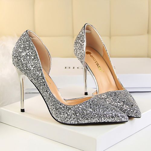 Ladies Sequins Heels Wedding Pumpsl Dress Party Shoes Silver