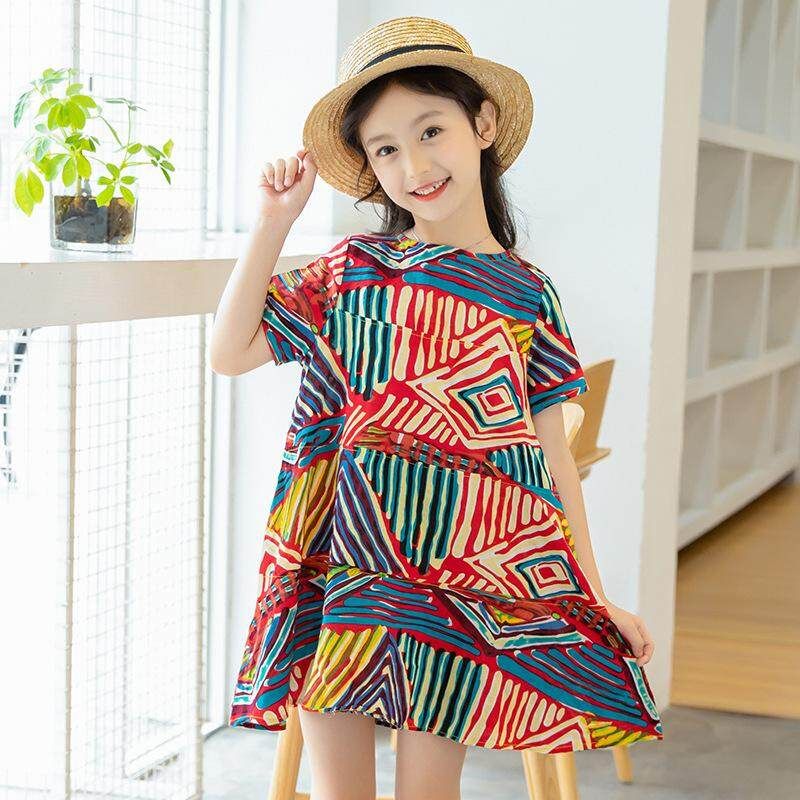 120cm Children's Wear 2018 Summer New Girls Short-sleeved Dress In The Big Children Retro Ethnic Wind Graffiti Skirt Wholesale Color 120cm