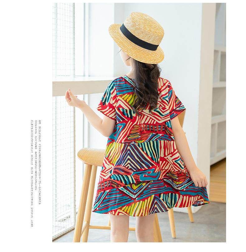 120cm Children's Wear 2018 Summer New Girls Short-sleeved Dress In The Big Children Retro Ethnic Wind Graffiti Skirt Wholesale Color 120cm