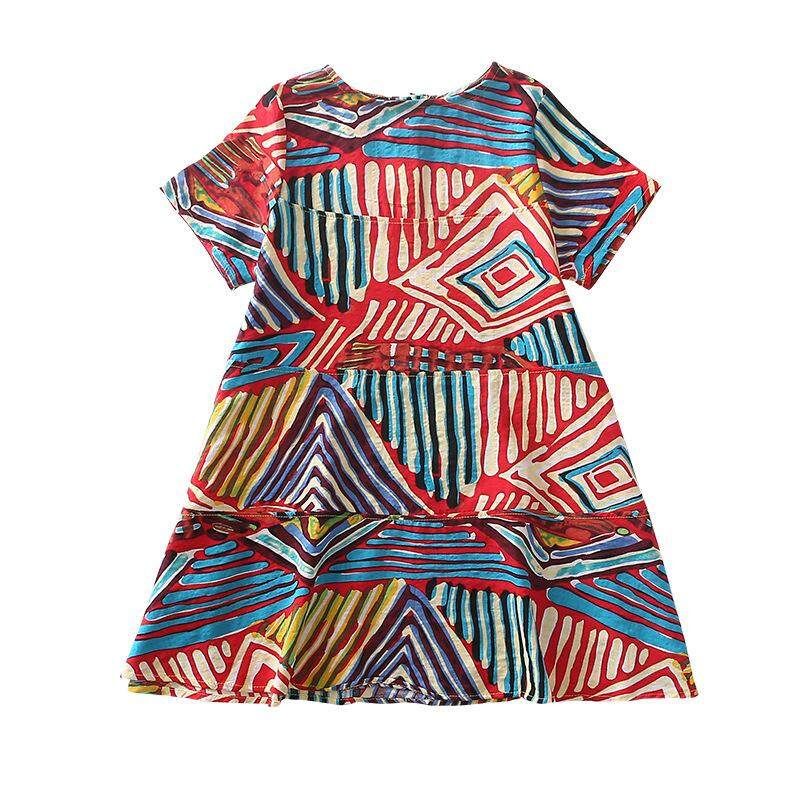120cm Children's Wear 2018 Summer New Girls Short-sleeved Dress In The Big Children Retro Ethnic Wind Graffiti Skirt Wholesale Color 120cm