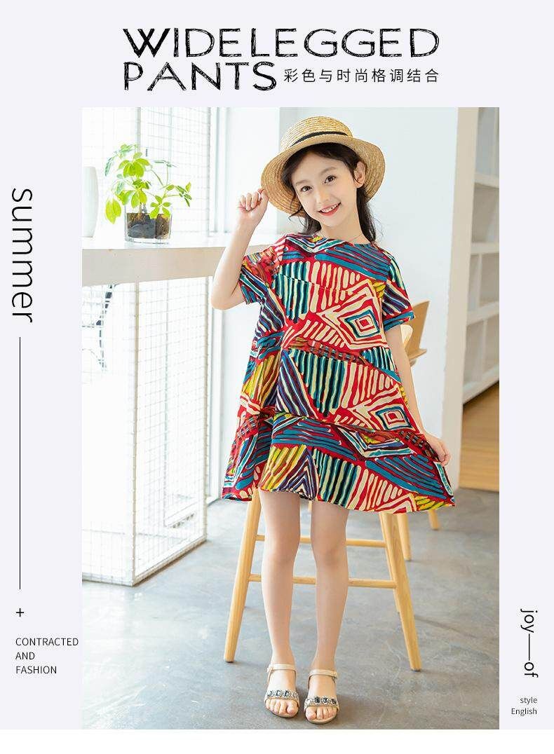 120cm Children's Wear 2018 Summer New Girls Short-sleeved Dress In The Big Children Retro Ethnic Wind Graffiti Skirt Wholesale Color 120cm