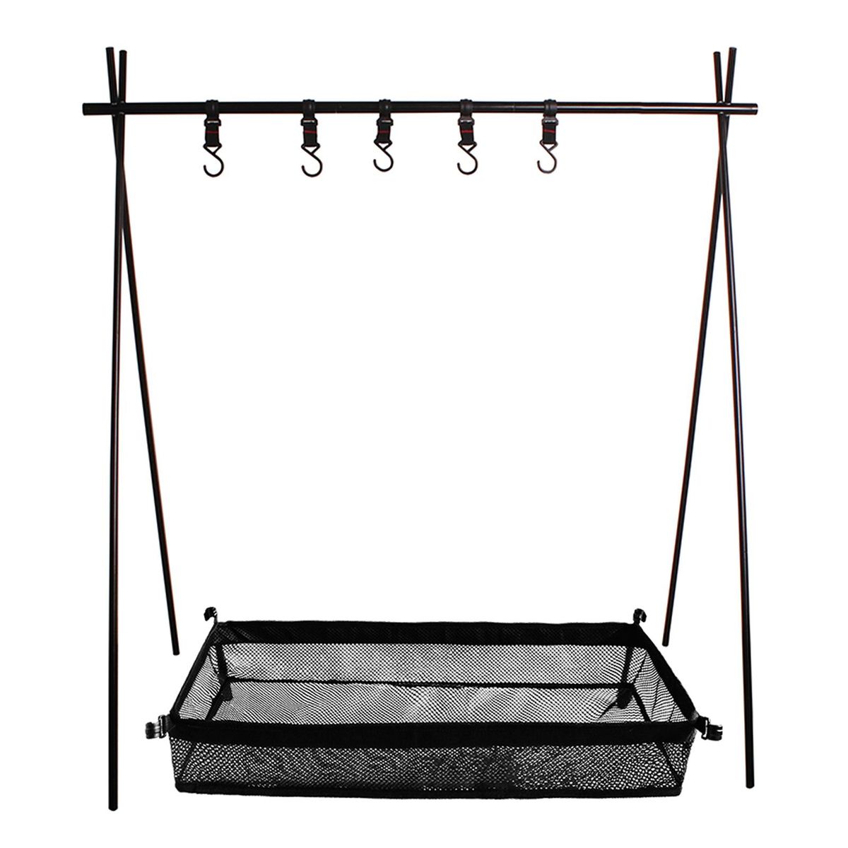 Outdoor Cookware Hanging Rack with Under Net Bag Hanging Organizer Stand Support Bracket 8kg Bearing Weight Foldable Portable Campsite Storage Rack with Hooks & Mesh Basket