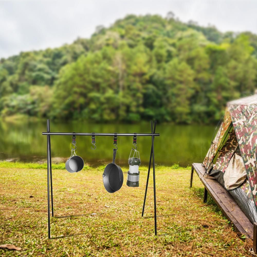 Outdoor Cookware Hanging Rack with Under Net Bag Hanging Organizer Stand Support Bracket 8kg Bearing Weight Foldable Portable Campsite Storage Rack with Hooks & Mesh Basket