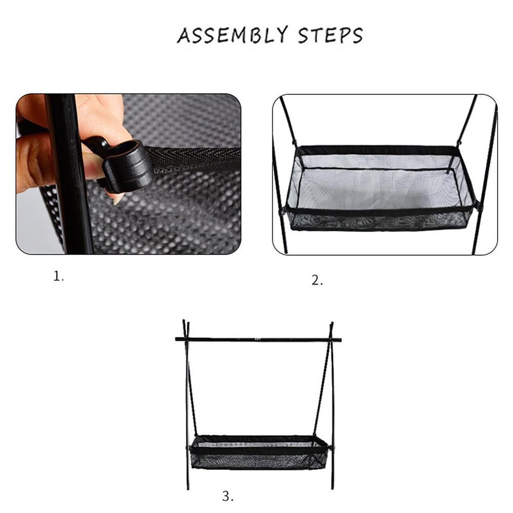 Outdoor Cookware Hanging Rack with Under Net Bag Hanging Organizer Stand Support Bracket 8kg Bearing Weight Foldable Portable Campsite Storage Rack with Hooks & Mesh Basket