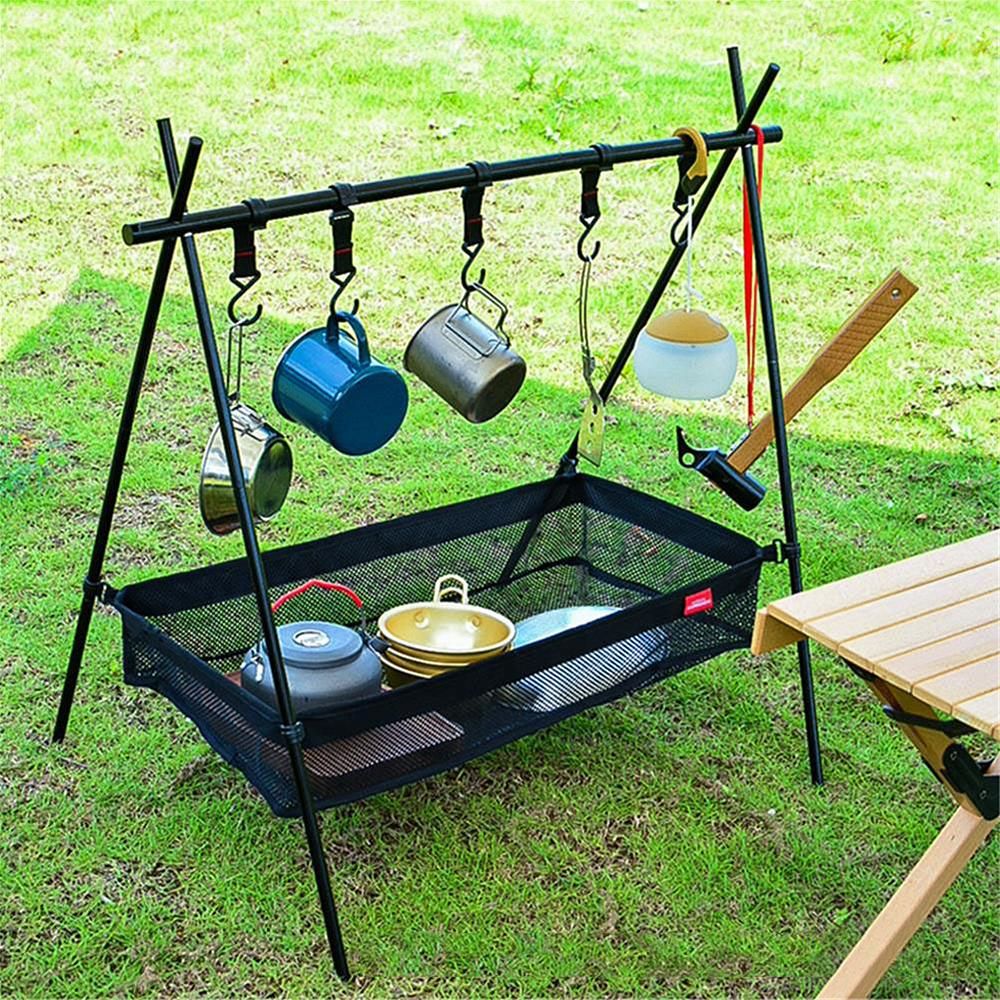 Outdoor Cookware Hanging Rack with Under Net Bag Hanging Organizer Stand Support Bracket 8kg Bearing Weight Foldable Portable Campsite Storage Rack with Hooks & Mesh Basket