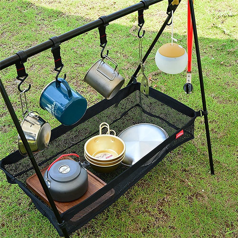 Outdoor Cookware Hanging Rack with Under Net Bag Hanging Organizer Stand Support Bracket 8kg Bearing Weight Foldable Portable Campsite Storage Rack with Hooks & Mesh Basket