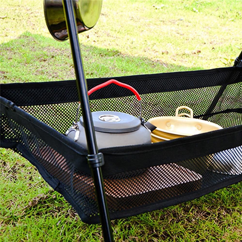 Outdoor Cookware Hanging Rack with Under Net Bag Hanging Organizer Stand Support Bracket 8kg Bearing Weight Foldable Portable Campsite Storage Rack with Hooks & Mesh Basket
