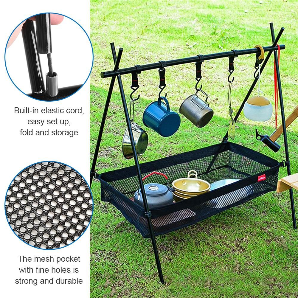 Outdoor Cookware Hanging Rack with Under Net Bag Hanging Organizer Stand Support Bracket 8kg Bearing Weight Foldable Portable Campsite Storage Rack with Hooks & Mesh Basket