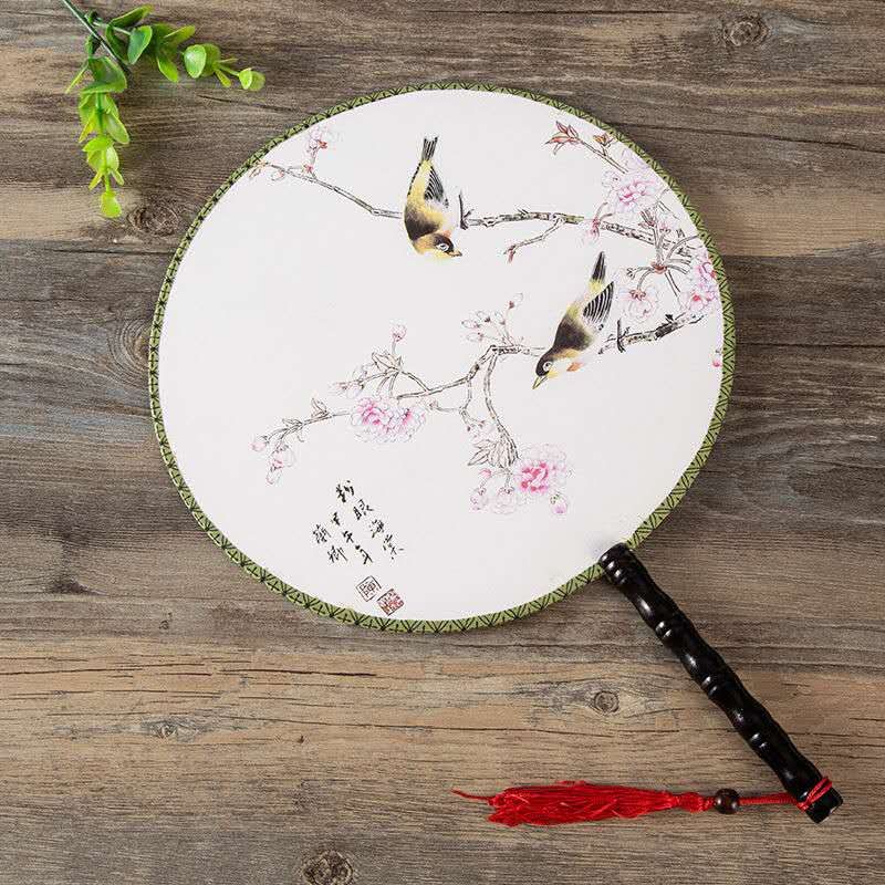 Silk Decorative Hand Round 24cm Antique Fan Dance Large Fan Double Chinese Costume Fan Handle Circle Ladies Big Printed