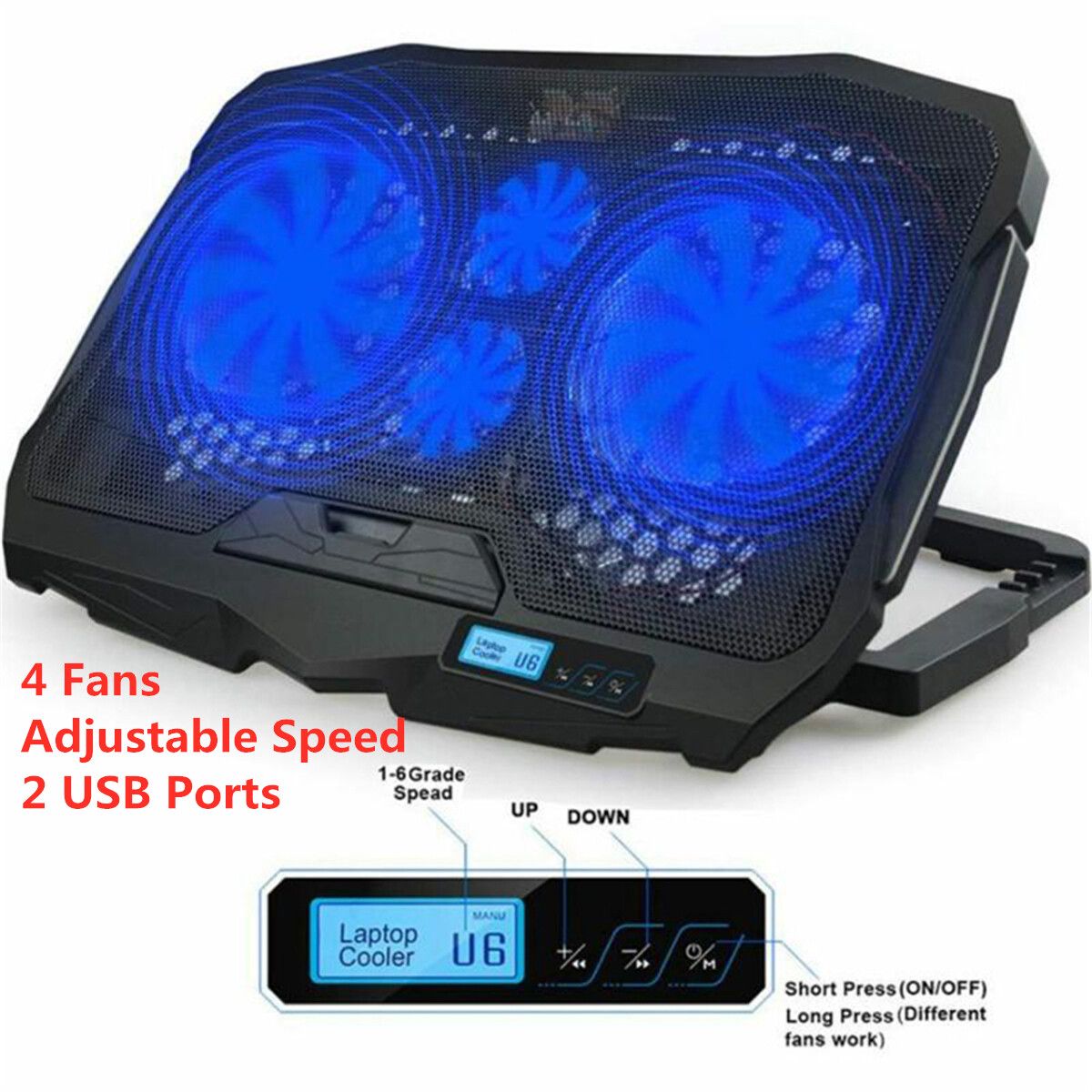 Ultra Slim 2 USBs LCD Fans Notebook Laptop Gaming Cooling Pad Stand 12-15.6inch