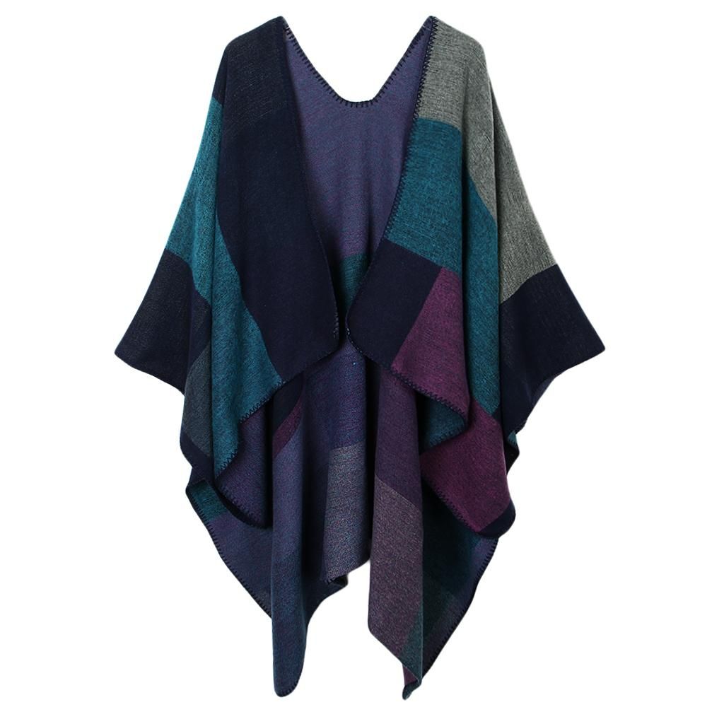Women's Plaid Color Block Shawl Wrap Open Front Poncho Cape Purple