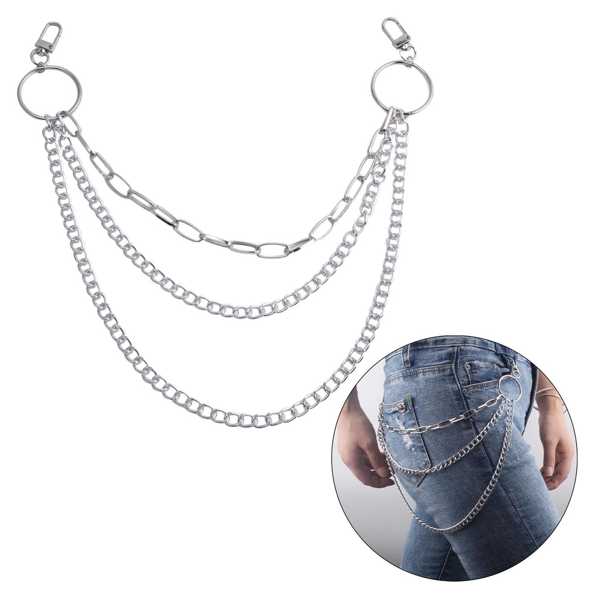 Punk Jeans Pant Chain Belt Hip Hop Chain Multi Layer Key Chain Silver