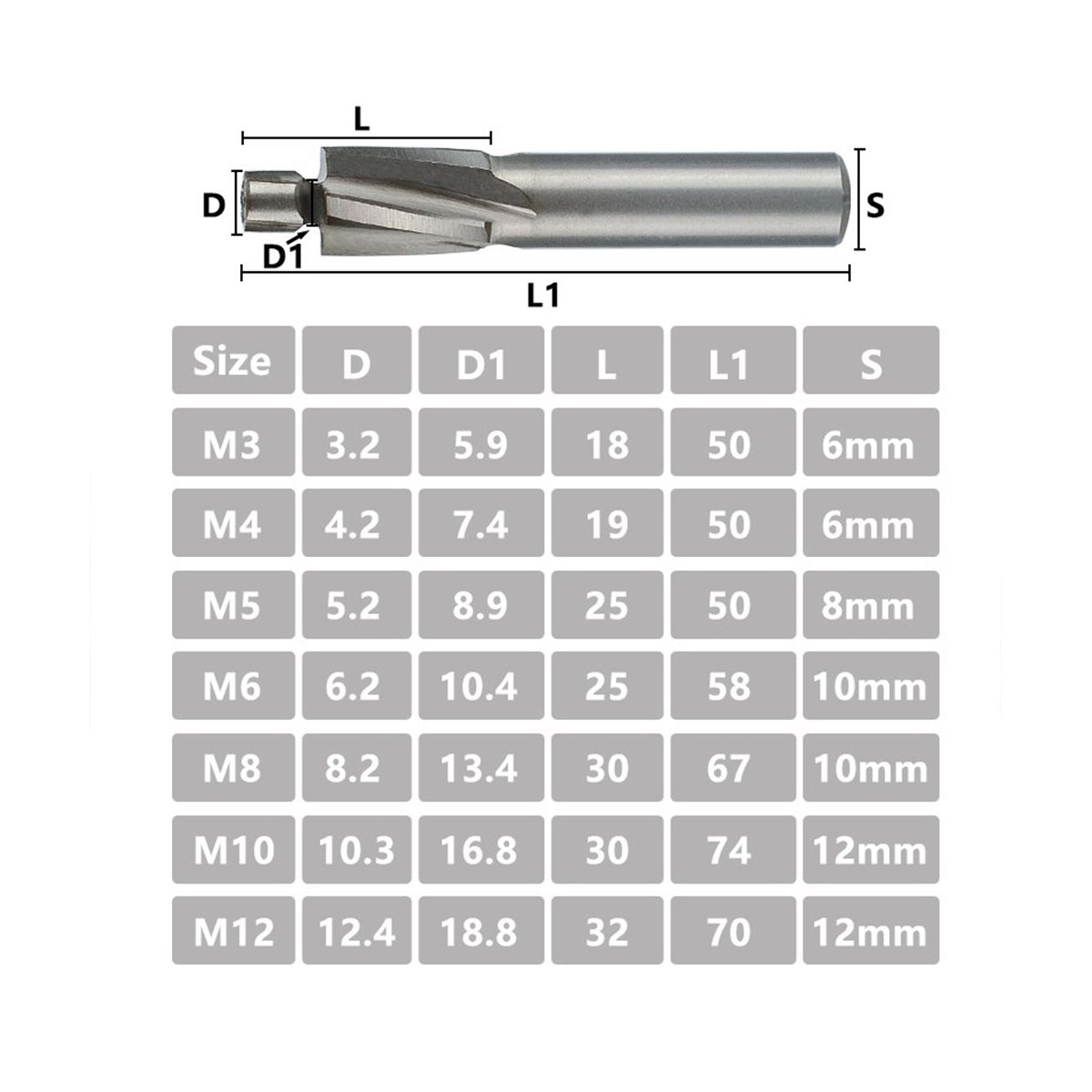 Guide Slotted Countersunk Die M3-M12 Milling Cutter 7 Pieces of 4-Tooth High-Speed Steel Milling Cutter