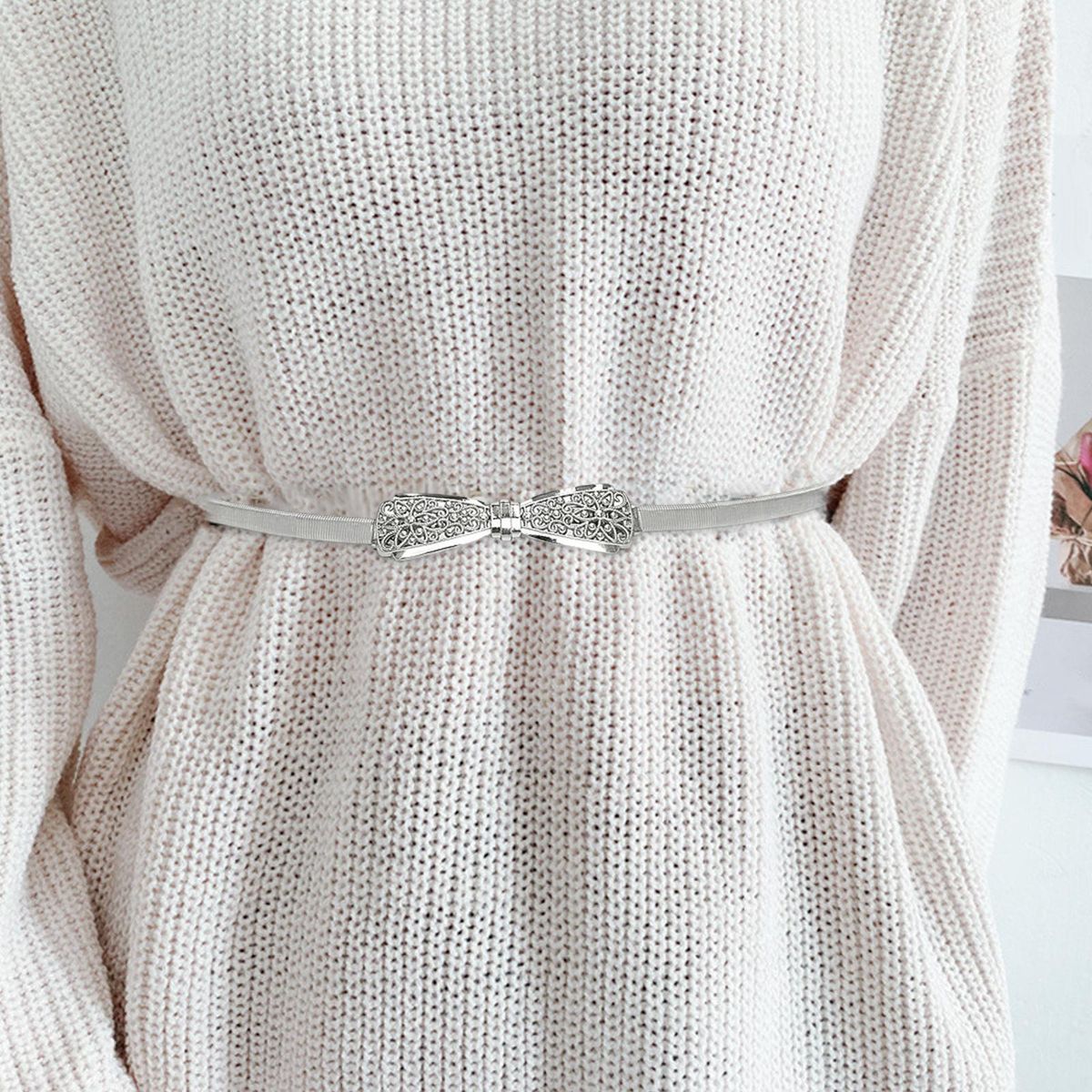 Womens Ladies Skinny Dress Belt Stretch Metal Chain Waist Belt Silver