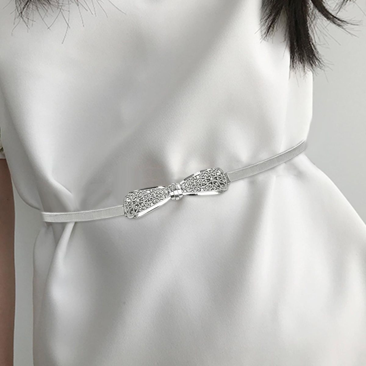 Womens Ladies Skinny Dress Belt Stretch Metal Chain Waist Belt Silver