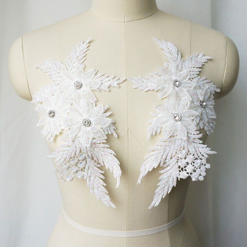 2Pcs Embroidered Sequin Cloth Sticker Rhinestones Sequin Lace Applique Sewing Flower Fabric Patch For Wedding Dress Diy Crafts White