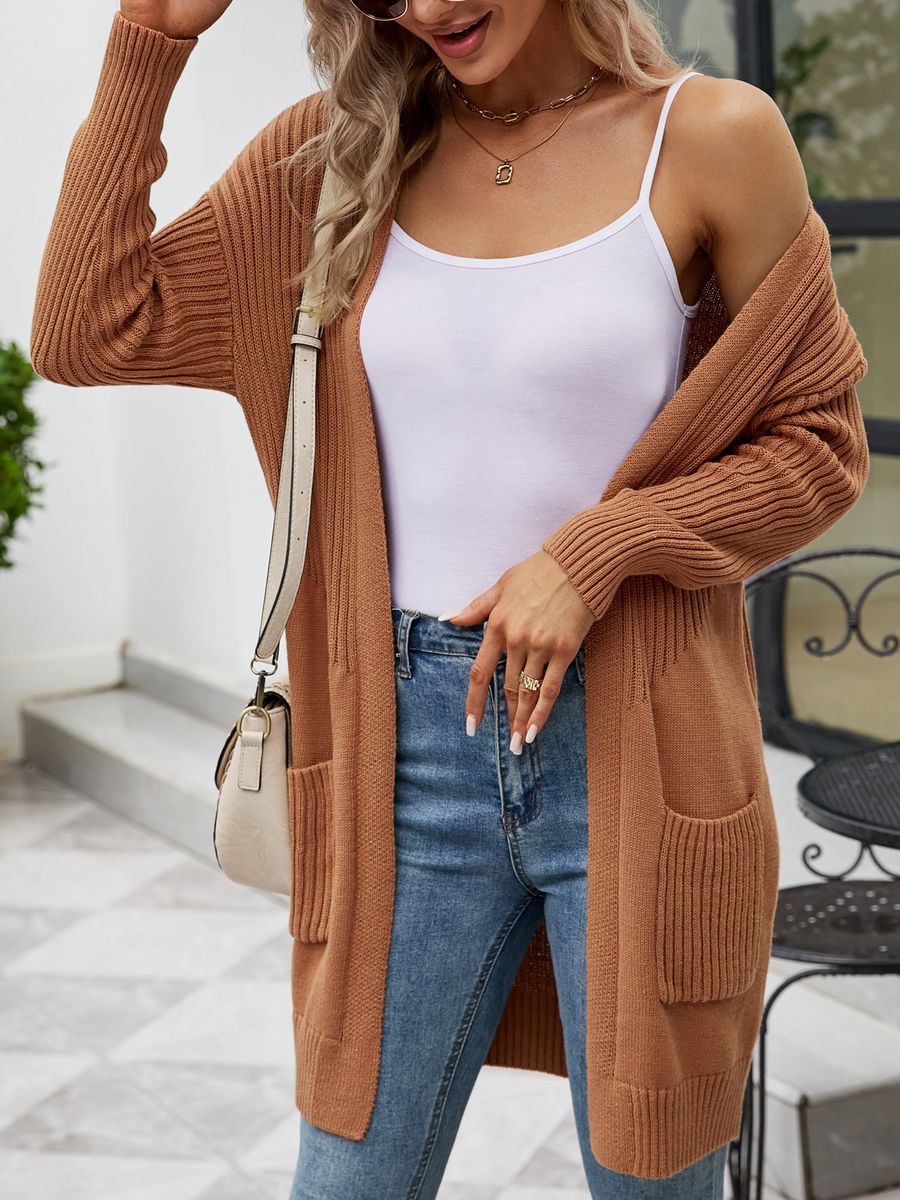 Women Cardigan Open Front Long Sleeve Side Pockets Ribbed