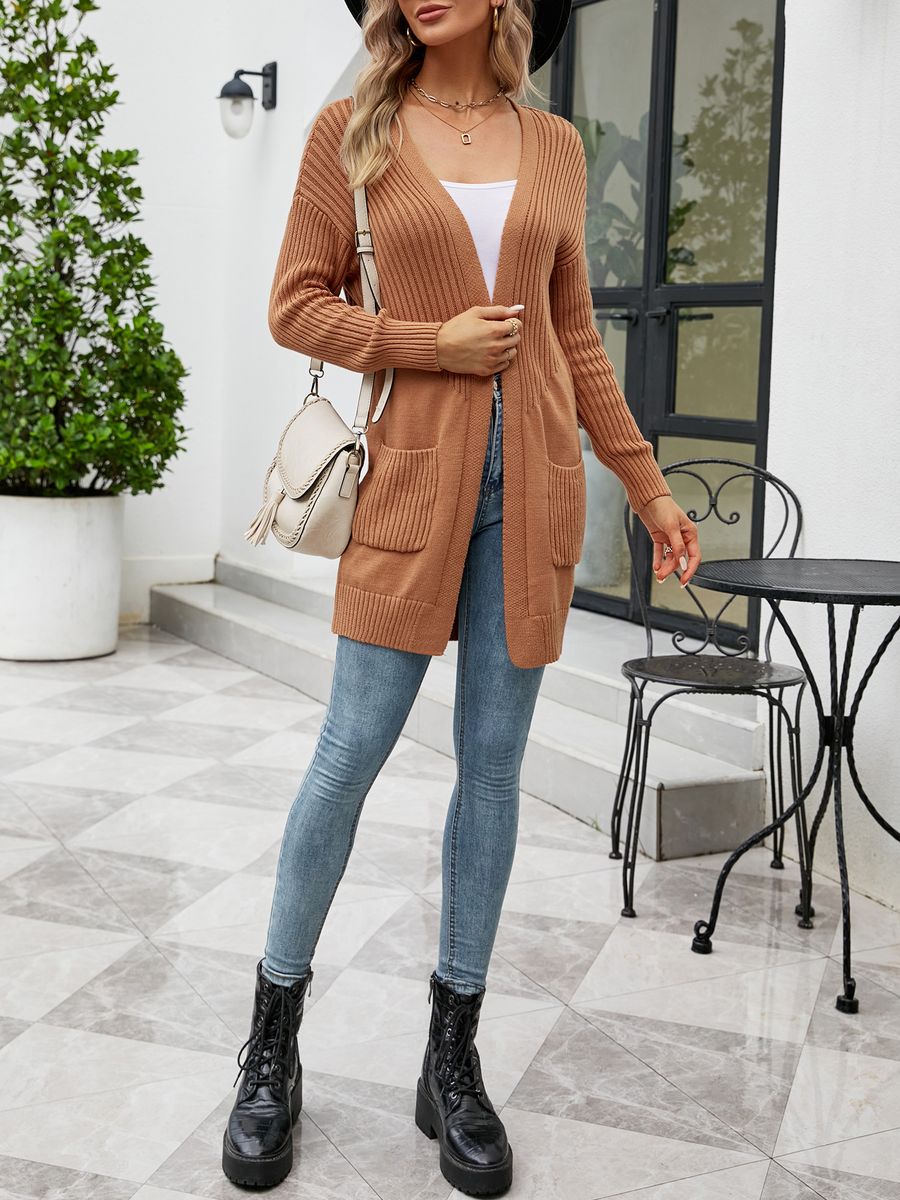 Women Cardigan Open Front Long Sleeve Side Pockets Ribbed