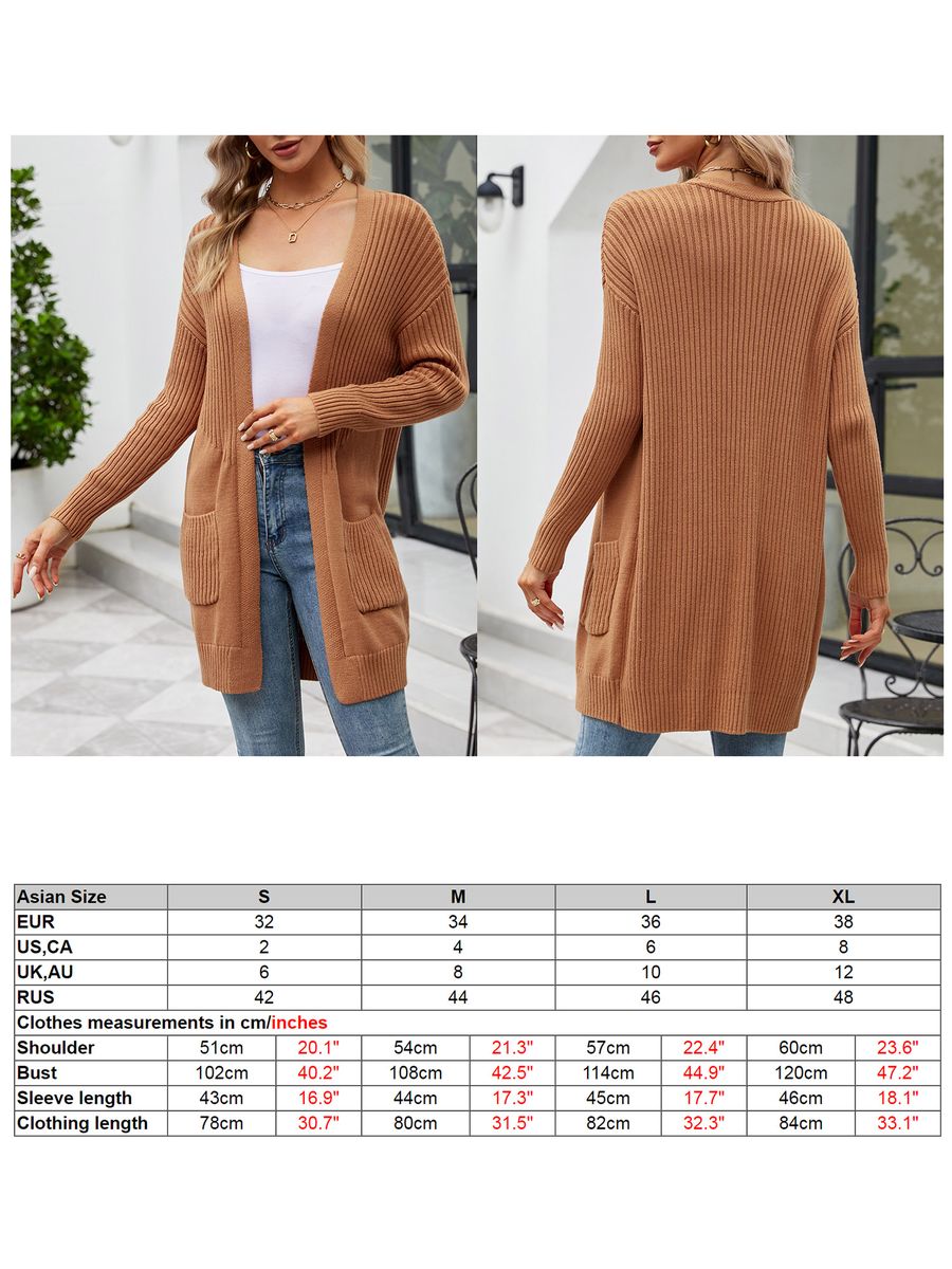 Women Cardigan Open Front Long Sleeve Side Pockets Ribbed
