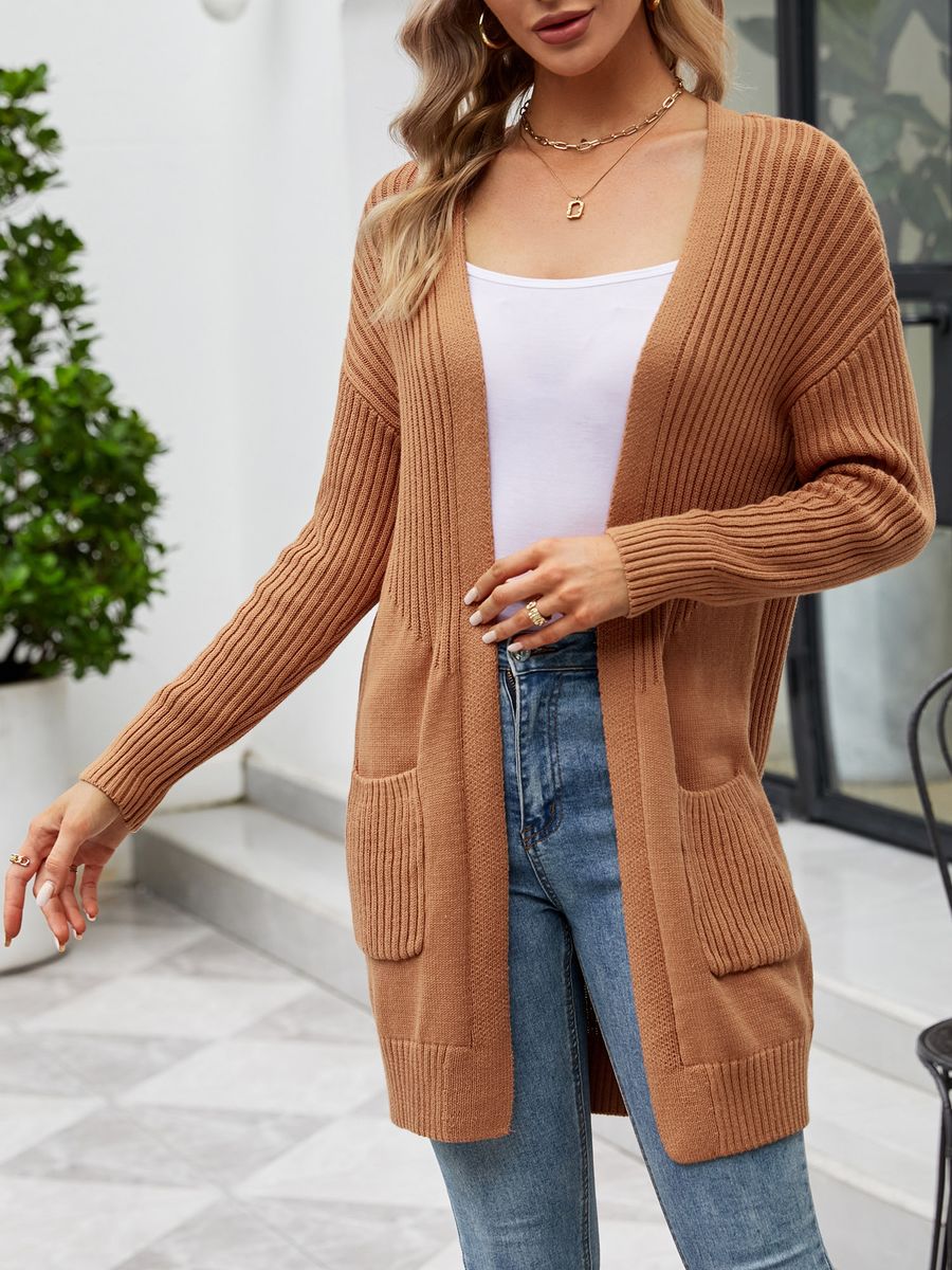 Women Cardigan Open Front Long Sleeve Side Pockets Ribbed