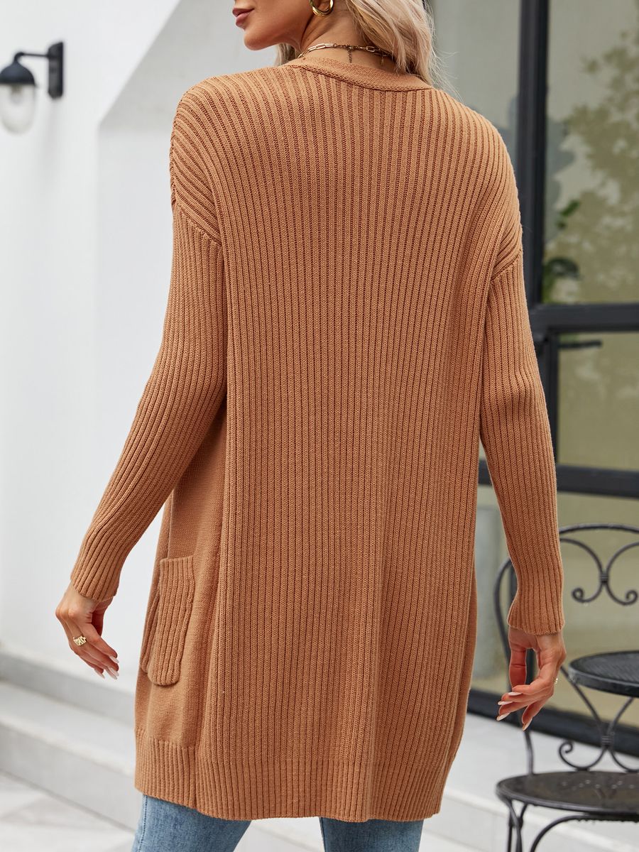 Women Cardigan Open Front Long Sleeve Side Pockets Ribbed