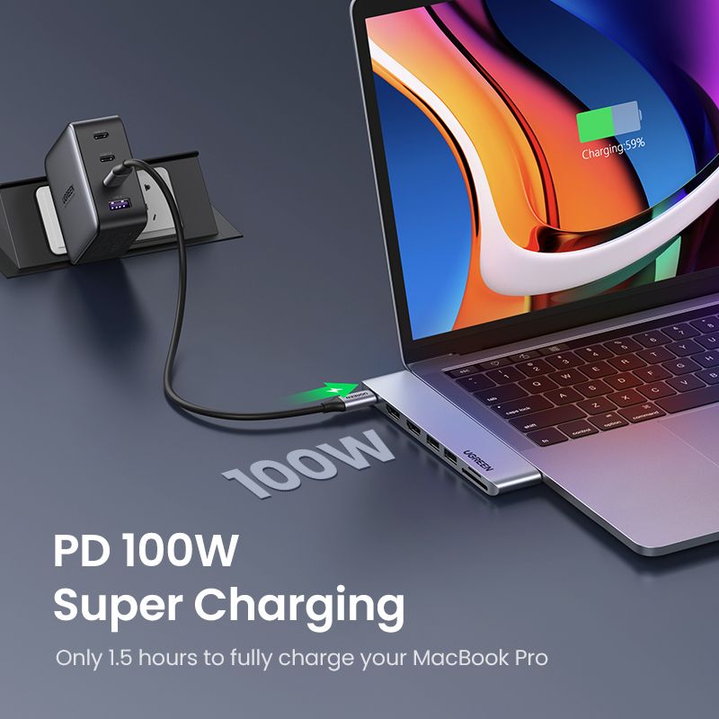 USB C To Dual HDMI Hub Adapter, 7in1 USB C Thunderbolt 3,2 USB 3.0,100W PD Port, SD/TF Card Reader