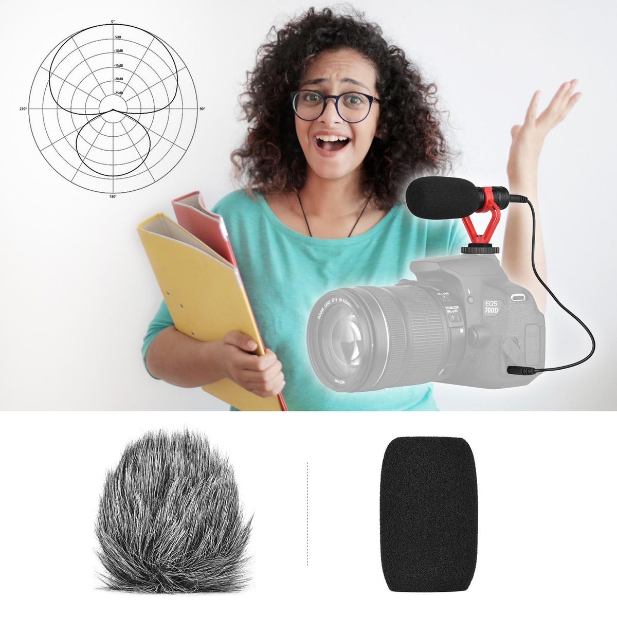 Andoer Camera Microphone Cardioid Condenser Mic with 3.5mm Port Anti-Shock Mount Sponge & Furry Windshield Carrying Case Compatible with Phones Camera for Video Recording Interview