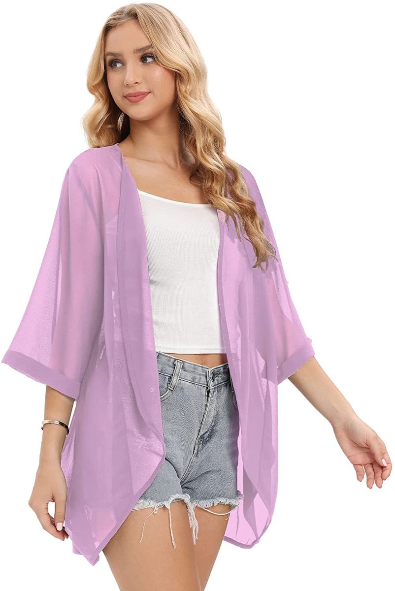 Purple Light Weight Kimono Jacket Women Cover Up Swim Top Blouse Shirt