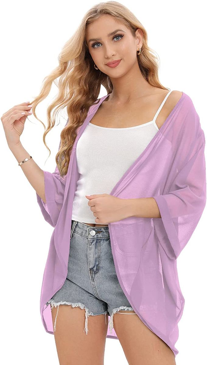 Purple Light Weight Kimono Jacket Women Cover Up Swim Top Blouse Shirt