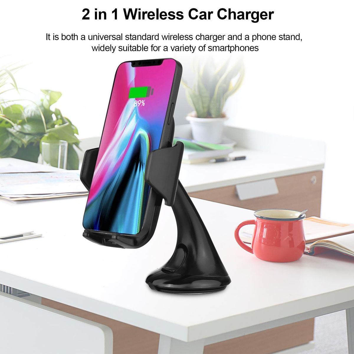 ellietech CS201 Wireless Car Charger Phone Holder 2 in 1 Fast Charging Vehicle Mount Charger Rotatable Design Plug & Play for Smartsphones