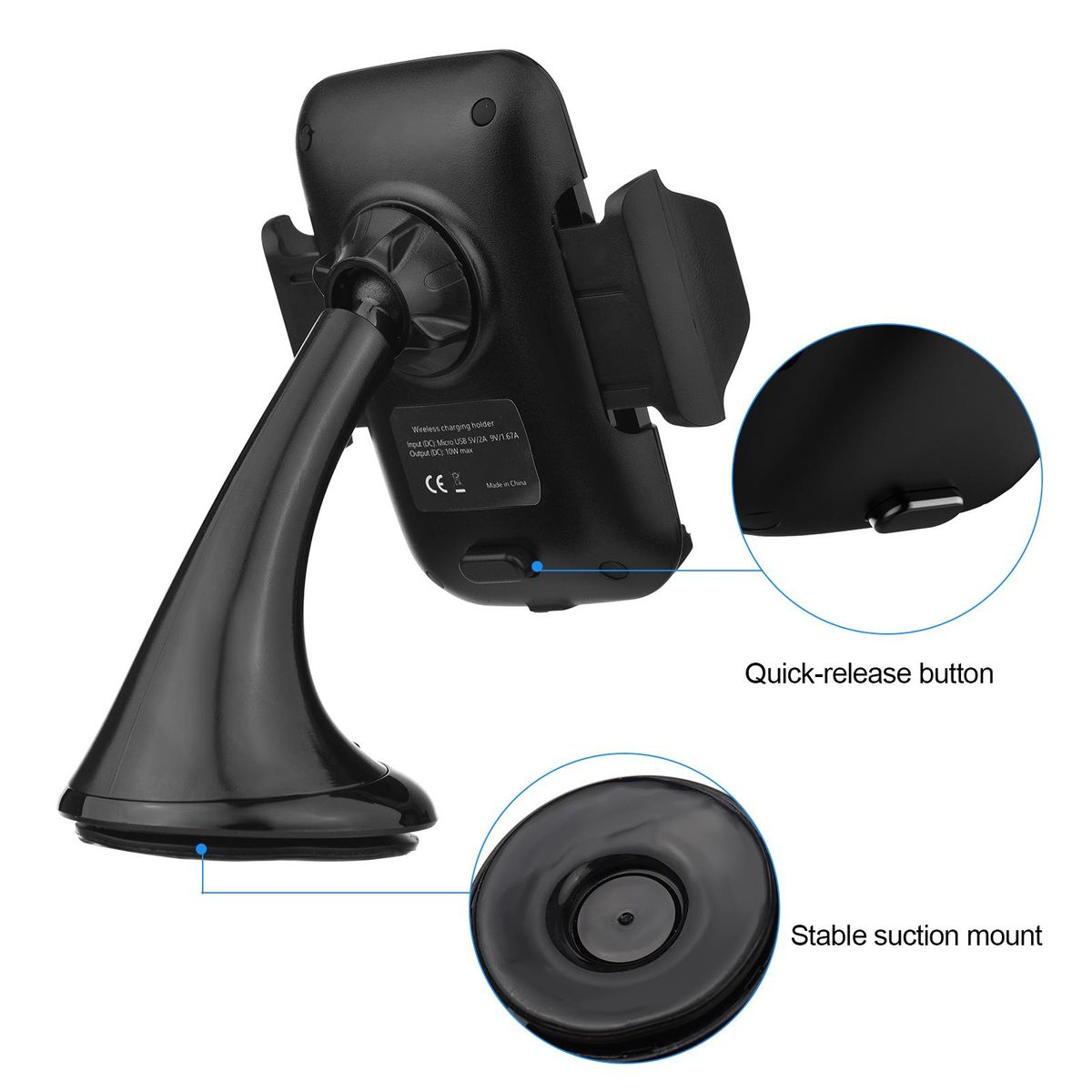 ellietech CS201 Wireless Car Charger Phone Holder 2 in 1 Fast Charging Vehicle Mount Charger Rotatable Design Plug & Play for Smartsphones