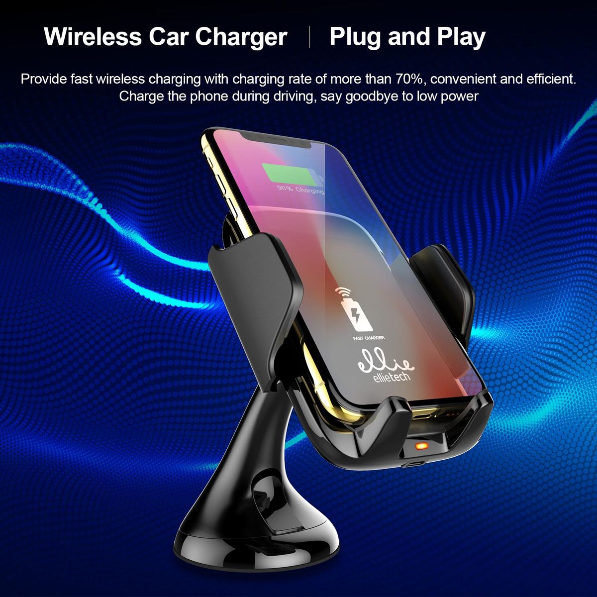 ellietech CS201 Wireless Car Charger Phone Holder 2 in 1 Fast Charging Vehicle Mount Charger Rotatable Design Plug & Play for Smartsphones