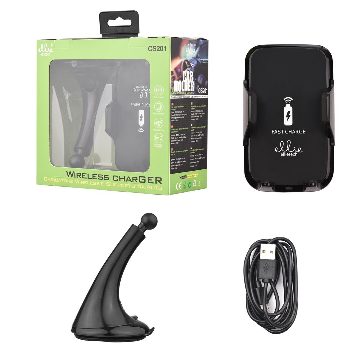 ellietech CS201 Wireless Car Charger Phone Holder 2 in 1 Fast Charging Vehicle Mount Charger Rotatable Design Plug & Play for Smartsphones