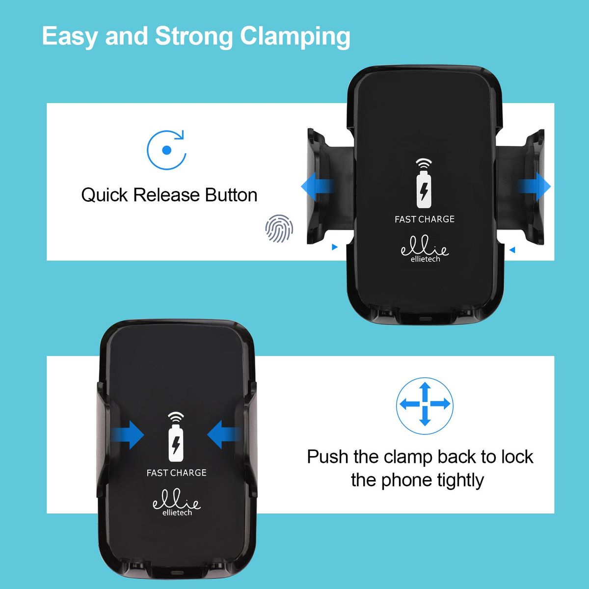 ellietech CS201 Wireless Car Charger Phone Holder 2 in 1 Fast Charging Vehicle Mount Charger Rotatable Design Plug & Play for Smartsphones