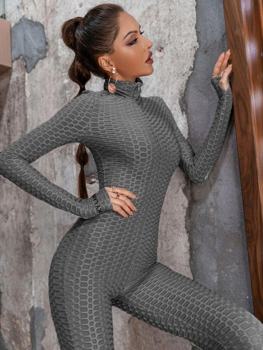 Women Zip Front Textured Unitard Fitness Jumpsuit Sportwear - Dark Grey