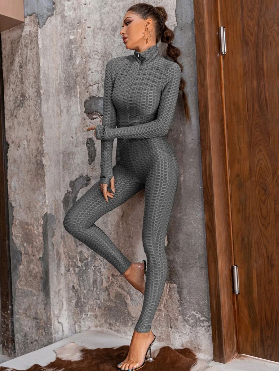Women Zip Front Textured Unitard Fitness Jumpsuit Sportwear - Dark Grey