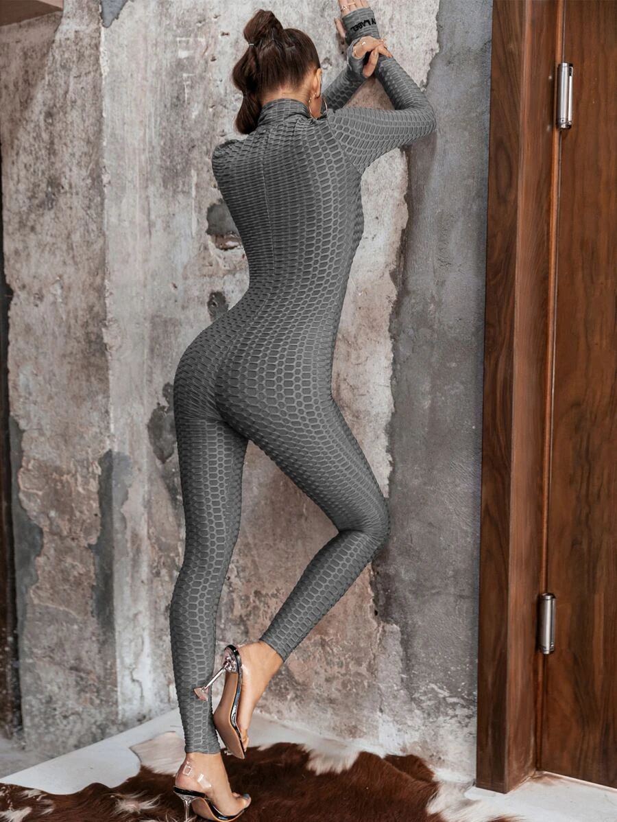 Women Zip Front Textured Unitard Fitness Jumpsuit Sportwear - Dark Grey