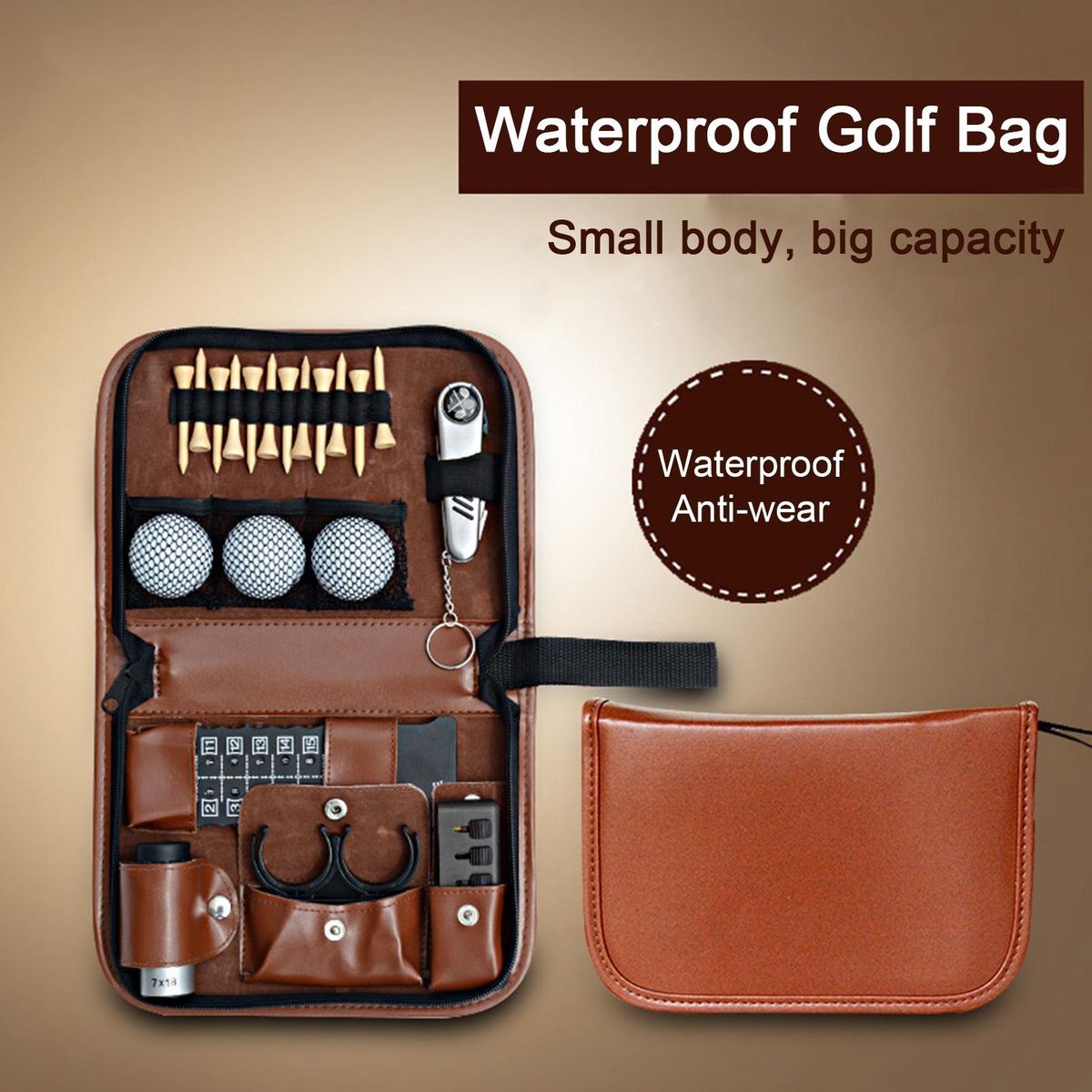 Golf Bag Golf Tool Bag Waterproof Portable Durable Carry Tees Balls Brown