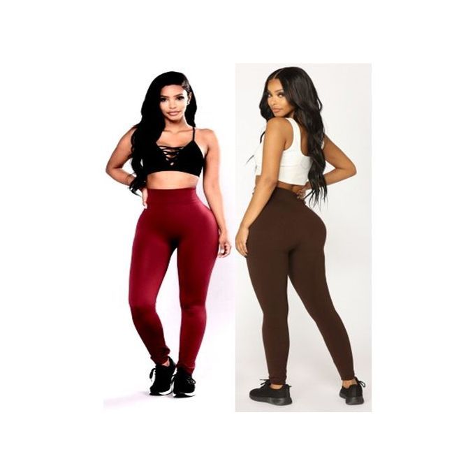 2Prs High Waist Fleece Lined Leggings -Wine & Brown