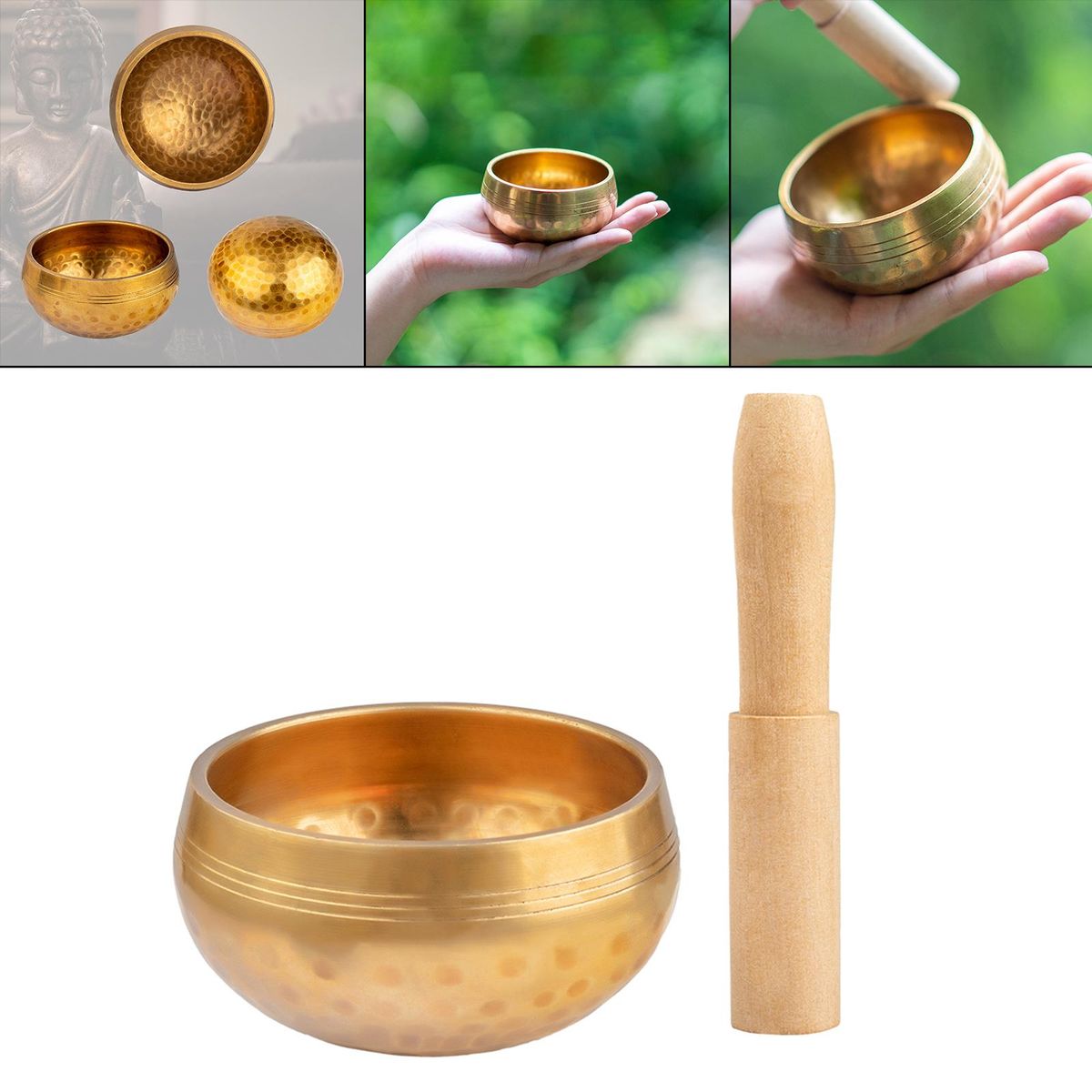 Brass  Set With Wooden  Meditation Sound Bowl For
