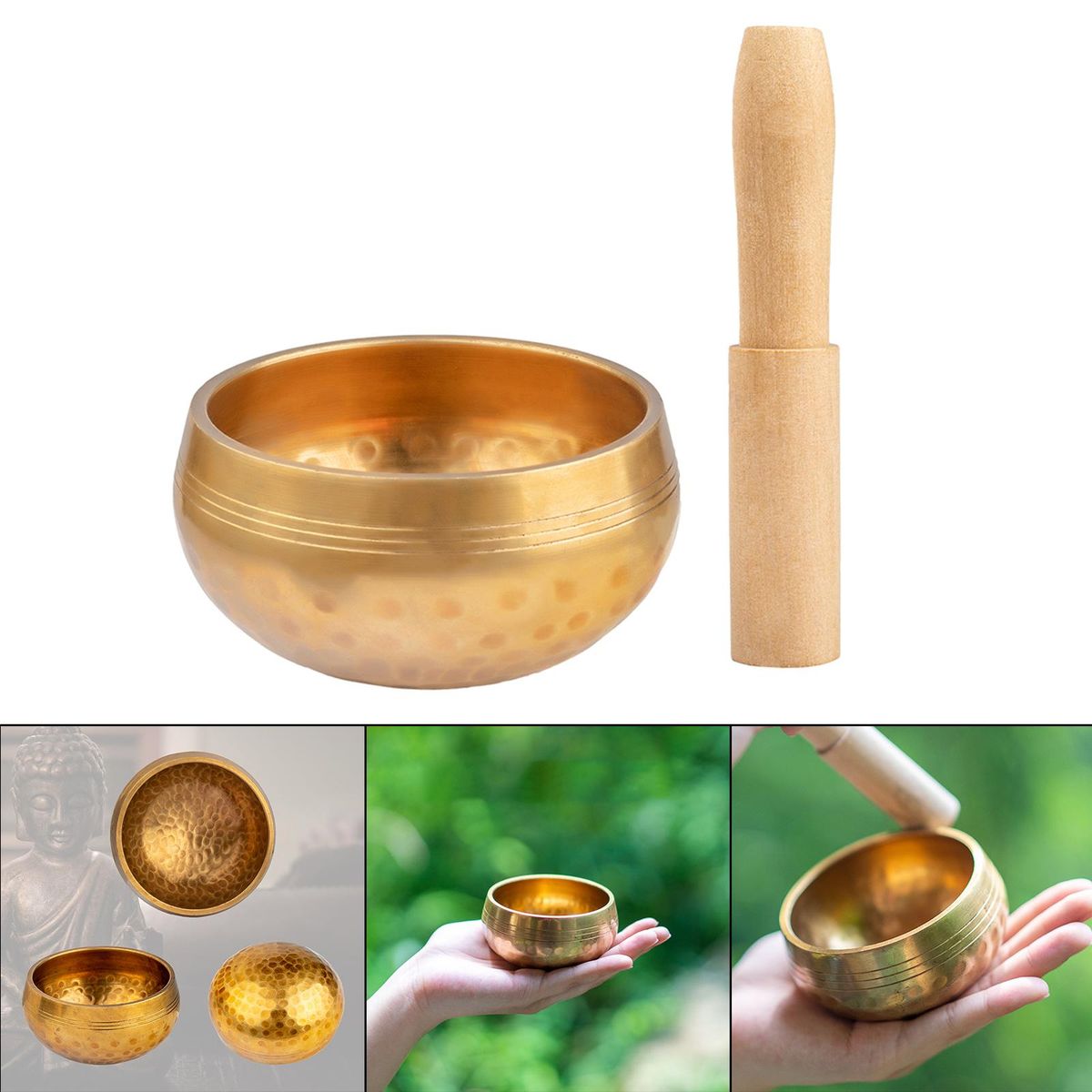 Brass  Set With Wooden  Meditation Sound Bowl For