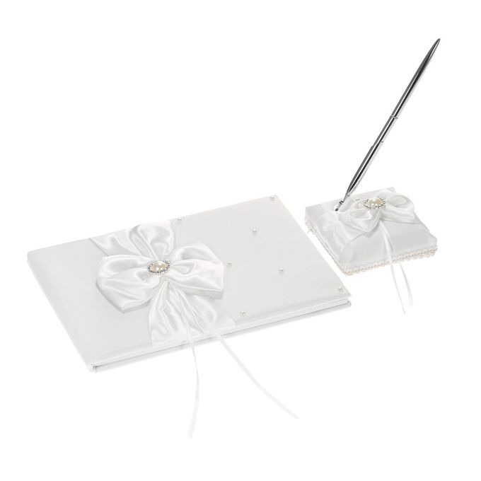 White Satin Ribbon Wedding Guset Signature Book And Pen